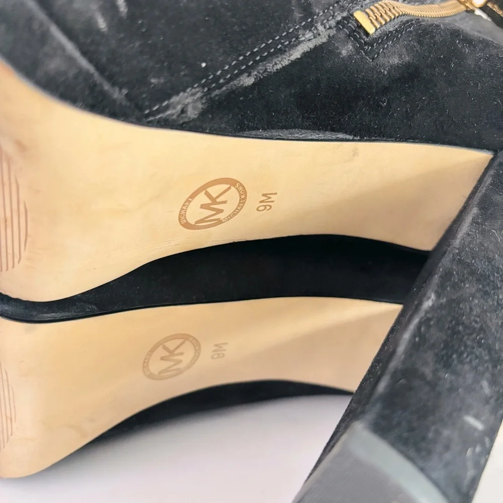 Michael Kors Haven Platform Booties‎ Black Suede Ankle with Gold Accents 9 M